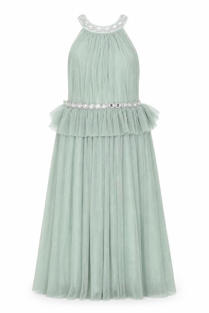 Front view of ASOS women’s green polyester shift, size UK 14, halter button - rhinestone detail