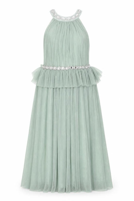 Front view of ASOS women’s green polyester shift, size UK 14, halter button - rhinestone detail