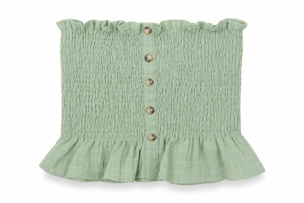 Front view of New Look women’s green polyester basic blouse, size L, square neck - rouched button detail