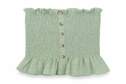 Front view of New Look women’s green polyester basic blouse, size L, square neck - rouched button detail