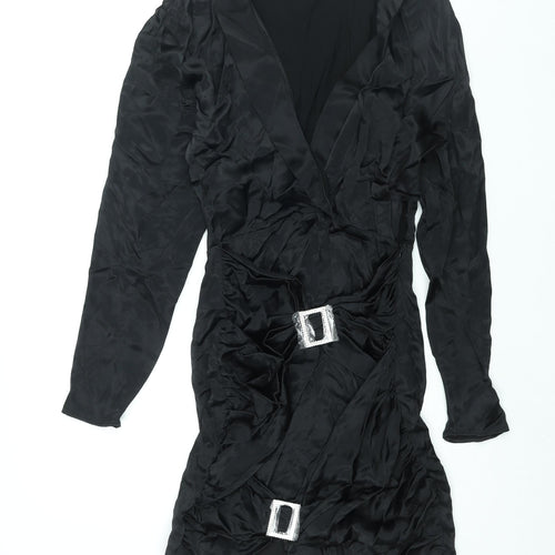 Zara Womens Black Viscose Mini Size S V-Neck Zip - Rhinestone Buckle Detail