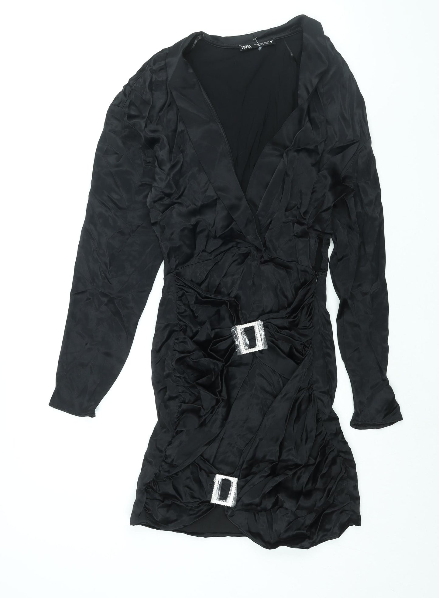 Zara Womens Black Viscose Mini Size S V-Neck Zip - Rhinestone Buckle Detail