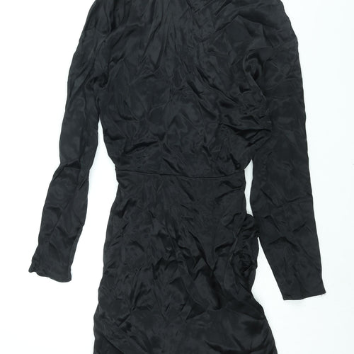 Zara Womens Black Viscose Mini Size S V-Neck Zip - Rhinestone Buckle Detail