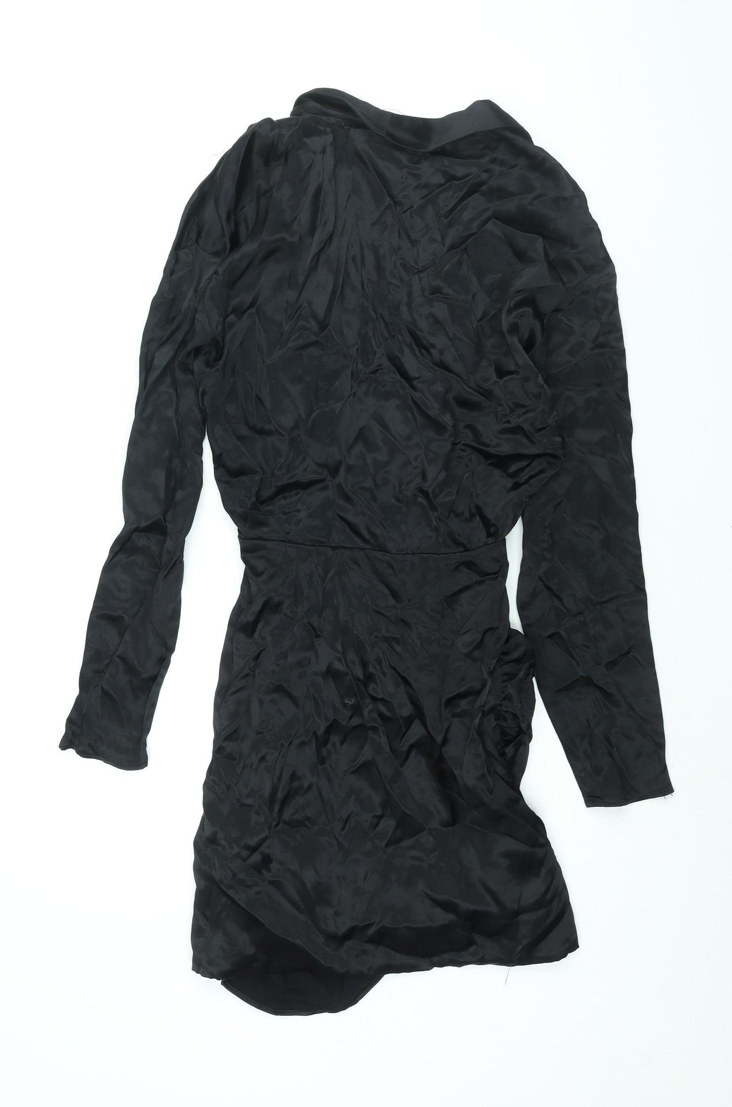 Zara Womens Black Viscose Mini Size S V-Neck Zip - Rhinestone Buckle Detail