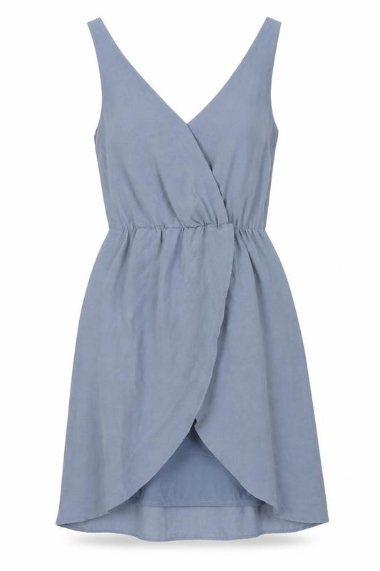 Front view of H&M women’s blue polyester a-line, size UK 6, v-neck pullover