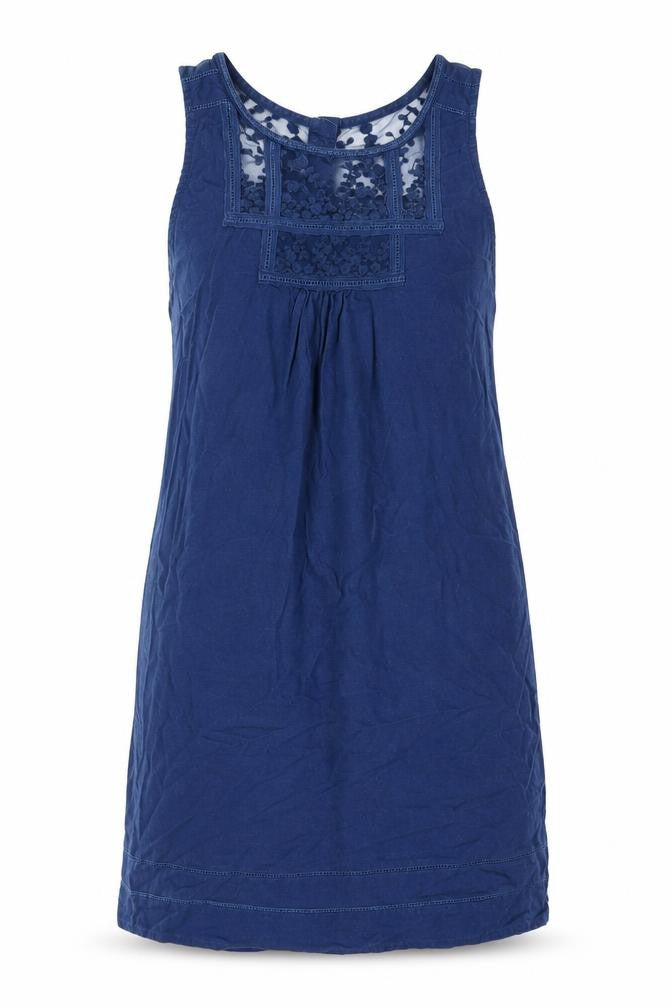 Front view of Next women’s blue linen sheath, size UK 10, round neck button - lace detail
