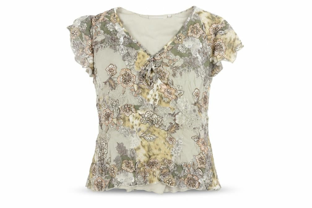 Front view of Autonomy women’s beige geometric polyester basic blouse, size UK 16, v-neck