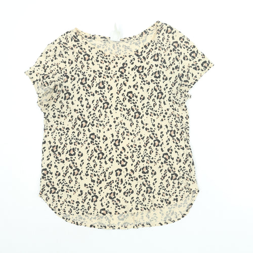 H&M Womens Beige Animal Print Cotton Basic T-Shirt Size S Round Neck - Leopard Print