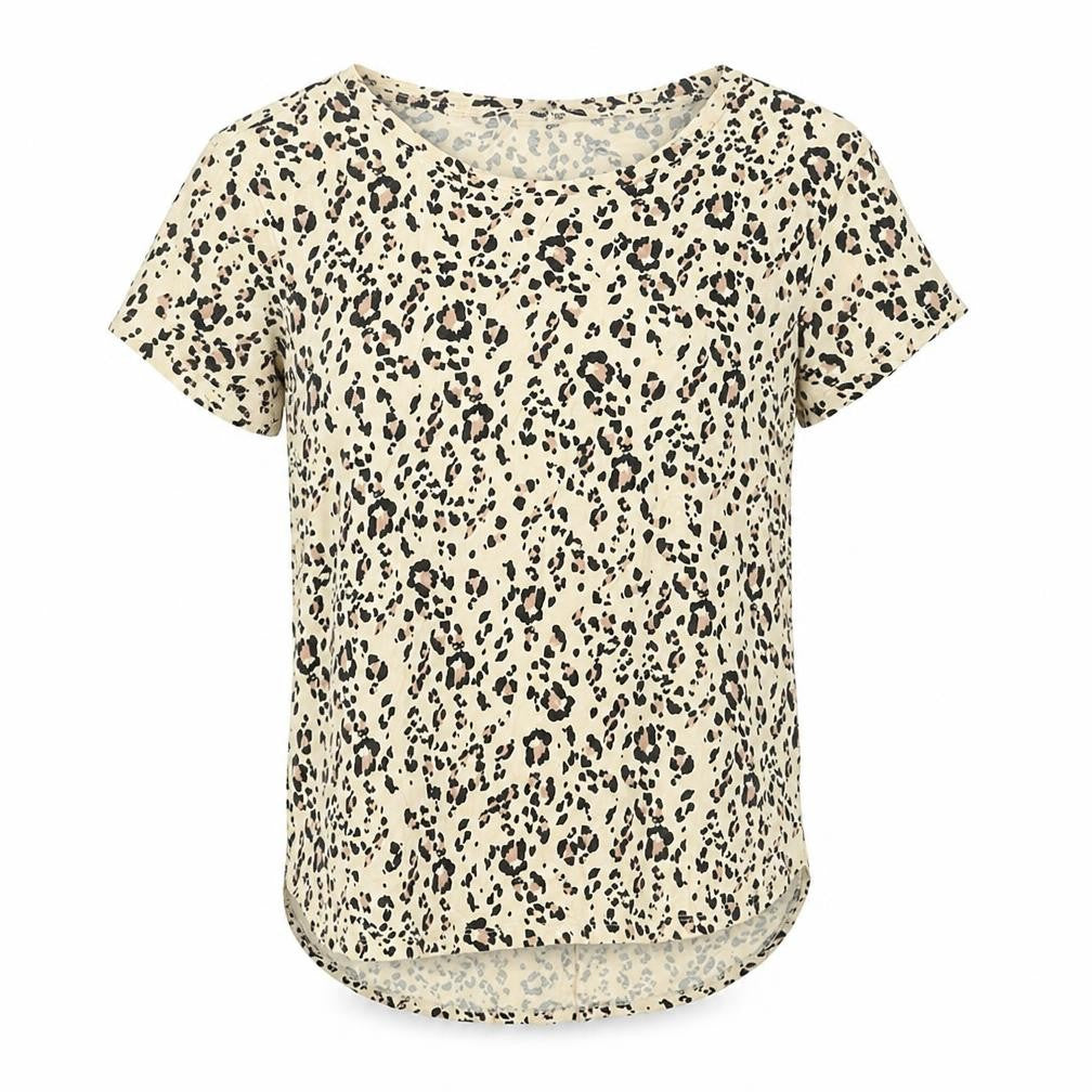 H&M Womens Beige Animal Print Cotton Basic T-Shirt Size S Round Neck - Leopard Print