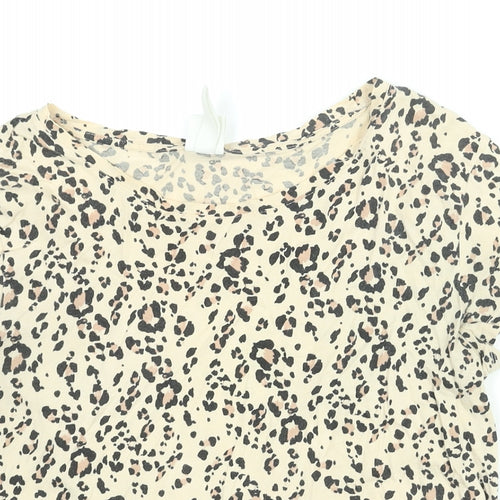 H&M Womens Beige Animal Print Cotton Basic T-Shirt Size S Round Neck - Leopard Print