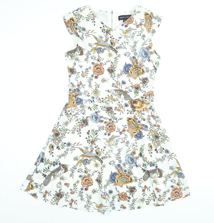 Mela London Womens White Floral Polyester A-Line Size 10 V-Neck Zip - Belted