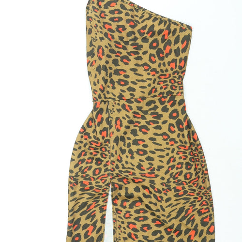 PRETTYLITTLETHING Womens Brown Animal Print Polyester Mini Size 6 One Shoulder Pullover - Belted Leopard Print
