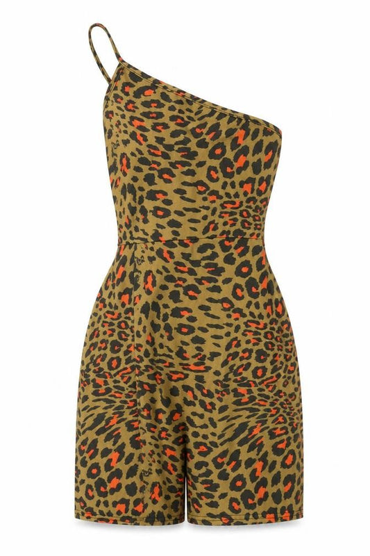 Front view of PRETTYLITTLETHING women’s brown animal print polyester mini, one shoulder pullover - belted leopard print