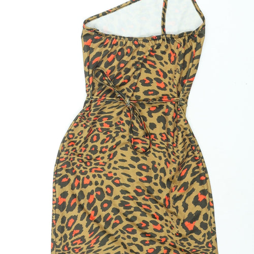 PRETTYLITTLETHING Womens Brown Animal Print Polyester Mini Size 6 One Shoulder Pullover - Belted Leopard Print