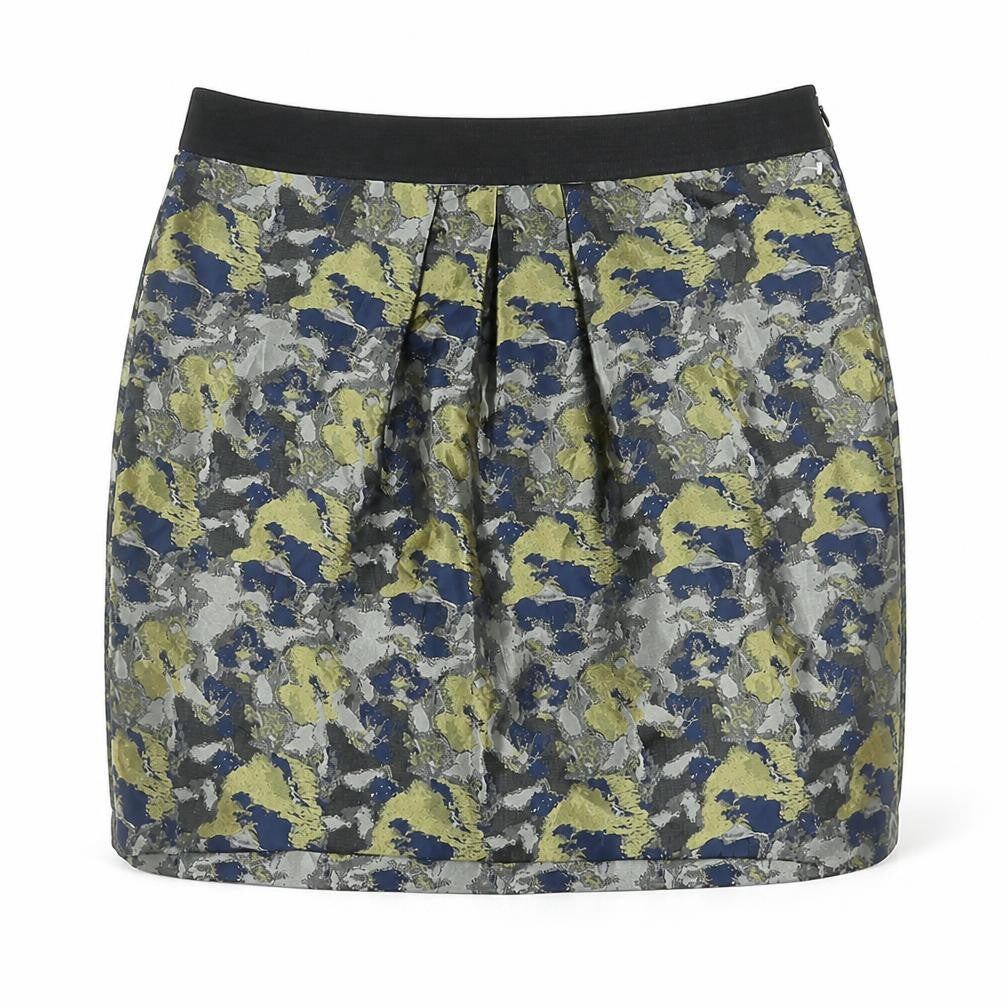 Front view of Clements Ribeiro women’s multicoloured geometric polyester mini skirt, size UK 12, zip
