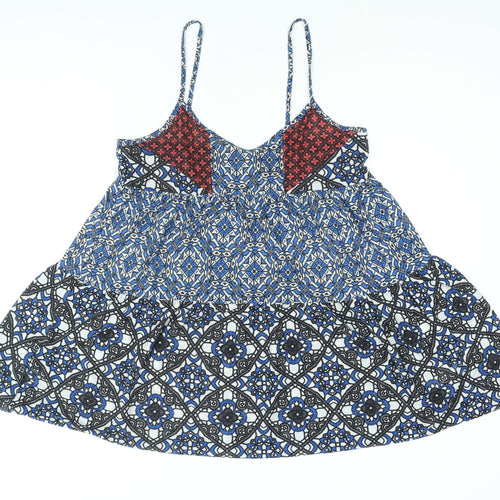 Topshop Womens Blue Geometric Polyester A-Line Size 14 Scoop Neck Pullover - Smocked