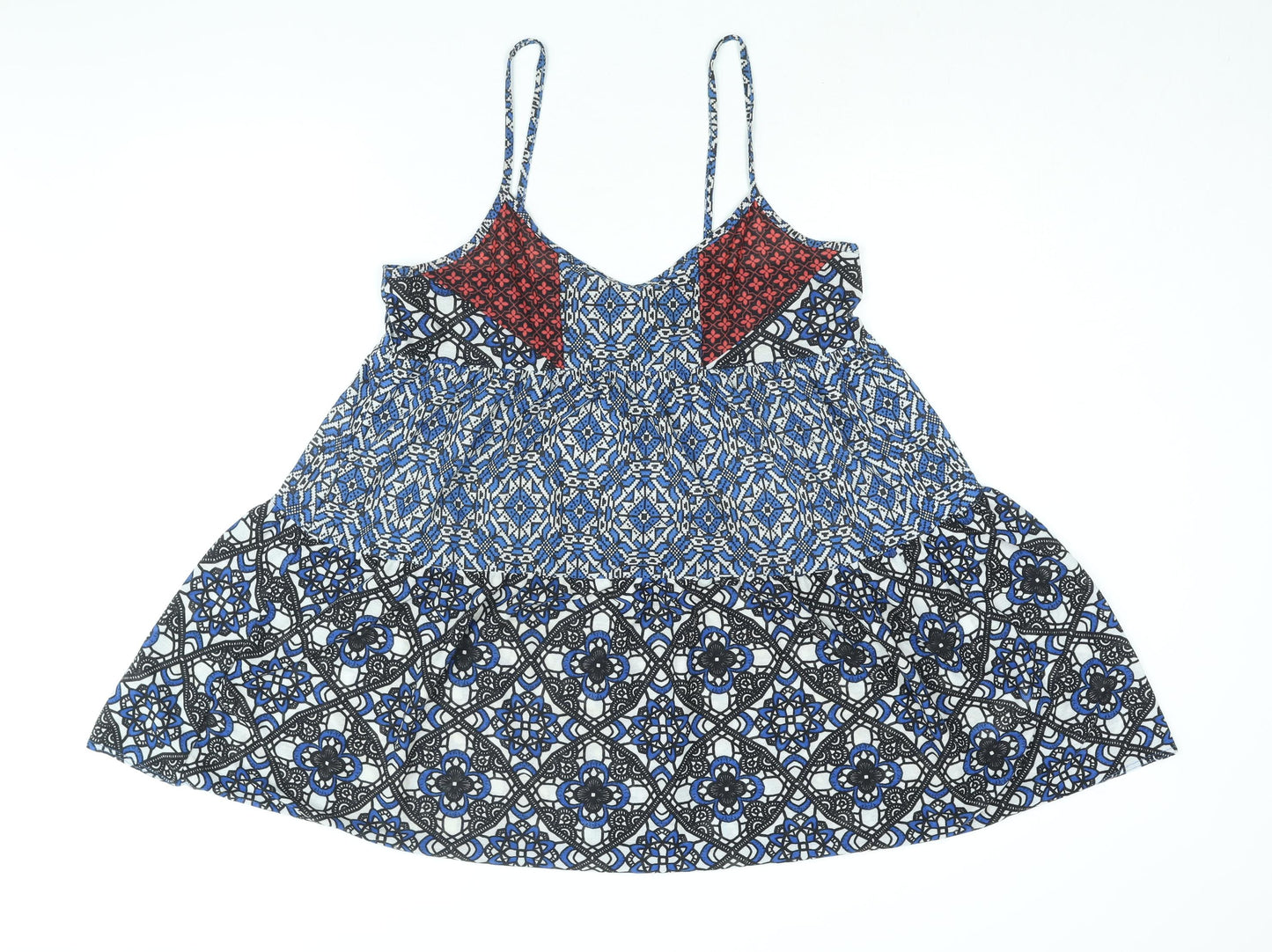 Topshop Womens Blue Geometric Polyester A-Line Size 14 Scoop Neck Pullover - Smocked