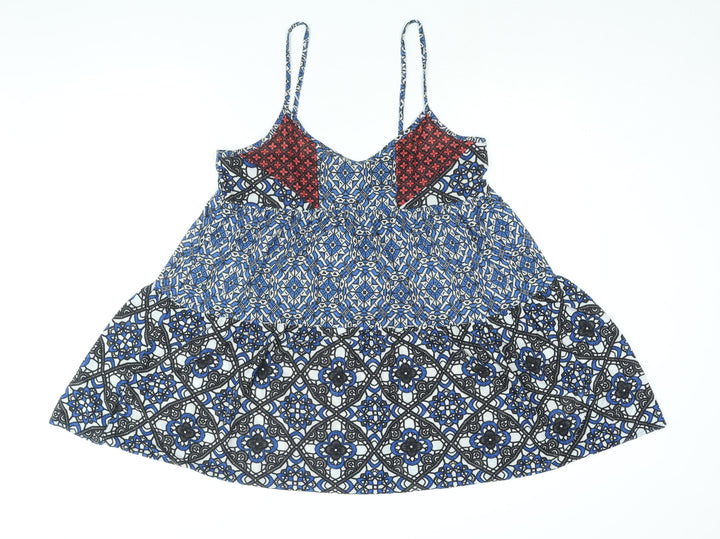 Topshop Womens Blue Geometric Polyester A-Line Size 14 Scoop Neck Pullover - Smocked