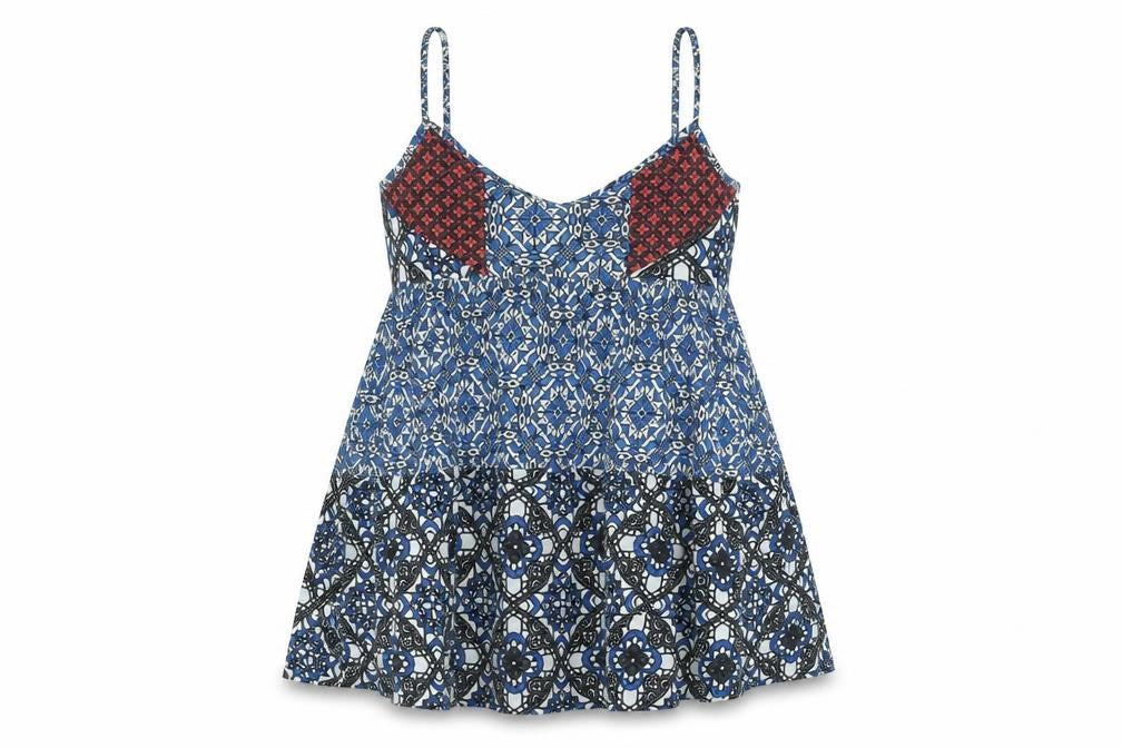 Front view of Topshop women’s blue geometric polyester a-line, size UK 14, scoop neck pullover - smocked