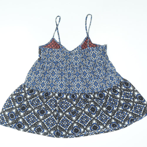 Topshop Womens Blue Geometric Polyester A-Line Size 14 Scoop Neck Pullover - Smocked