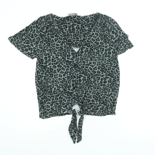Oasis Womens Green Animal Print Viscose Basic Blouse Size S V-Neck - Tie Detail Leopard Print