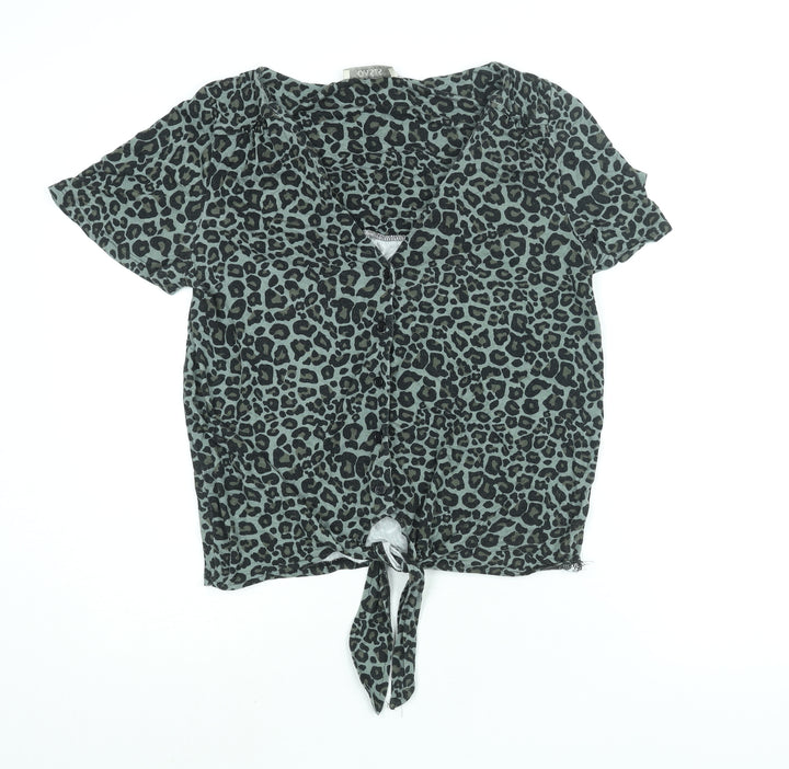 Oasis Womens Green Animal Print Viscose Basic Blouse Size S V-Neck - Tie Detail Leopard Print