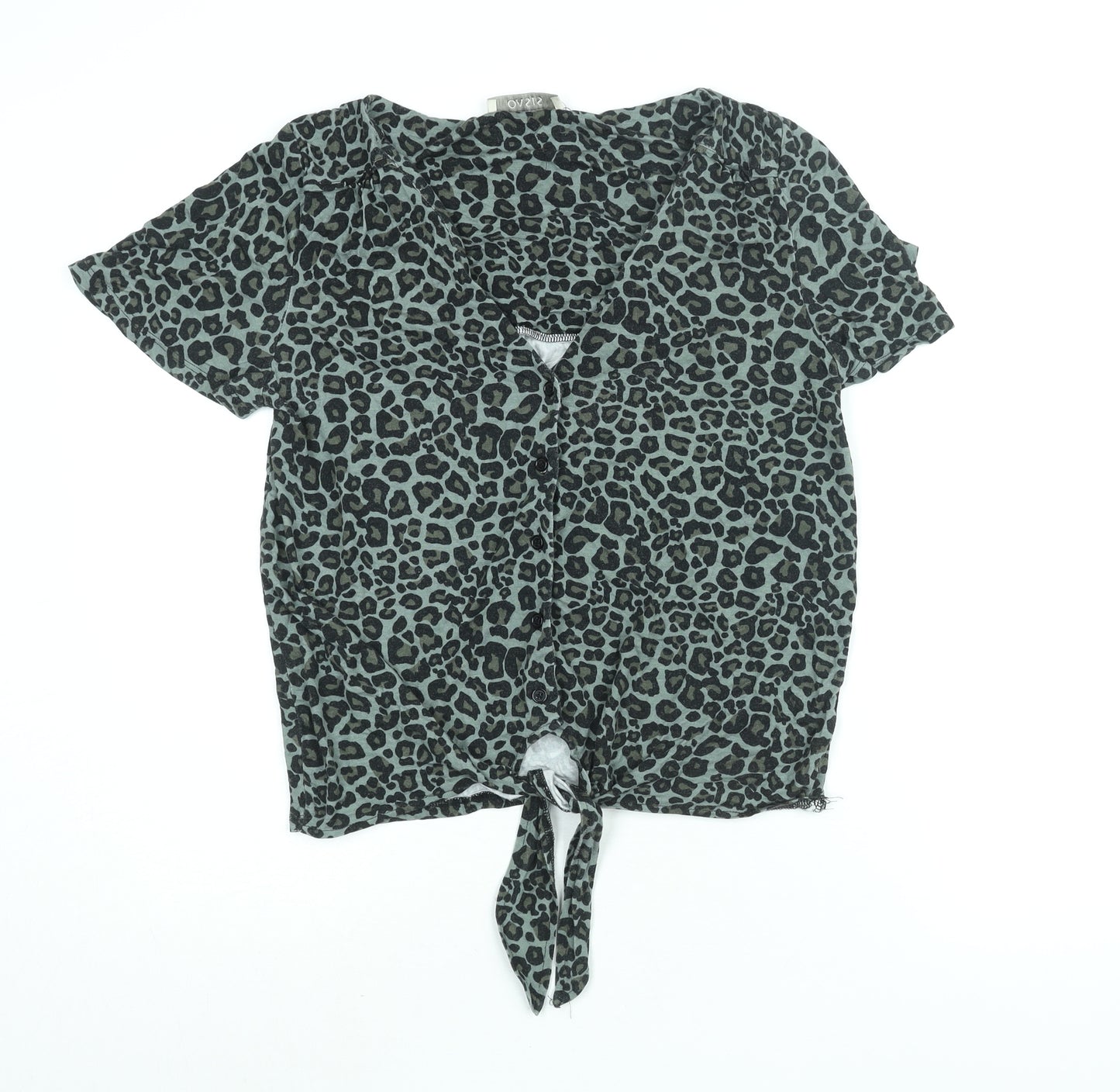 Oasis Womens Green Animal Print Viscose Basic Blouse Size S V-Neck - Tie Detail Leopard Print