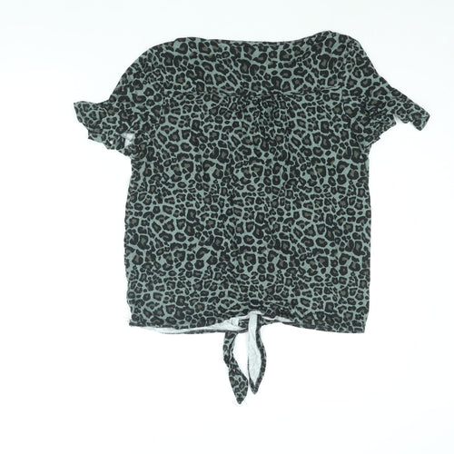 Oasis Womens Green Animal Print Viscose Basic Blouse Size S V-Neck - Tie Detail Leopard Print