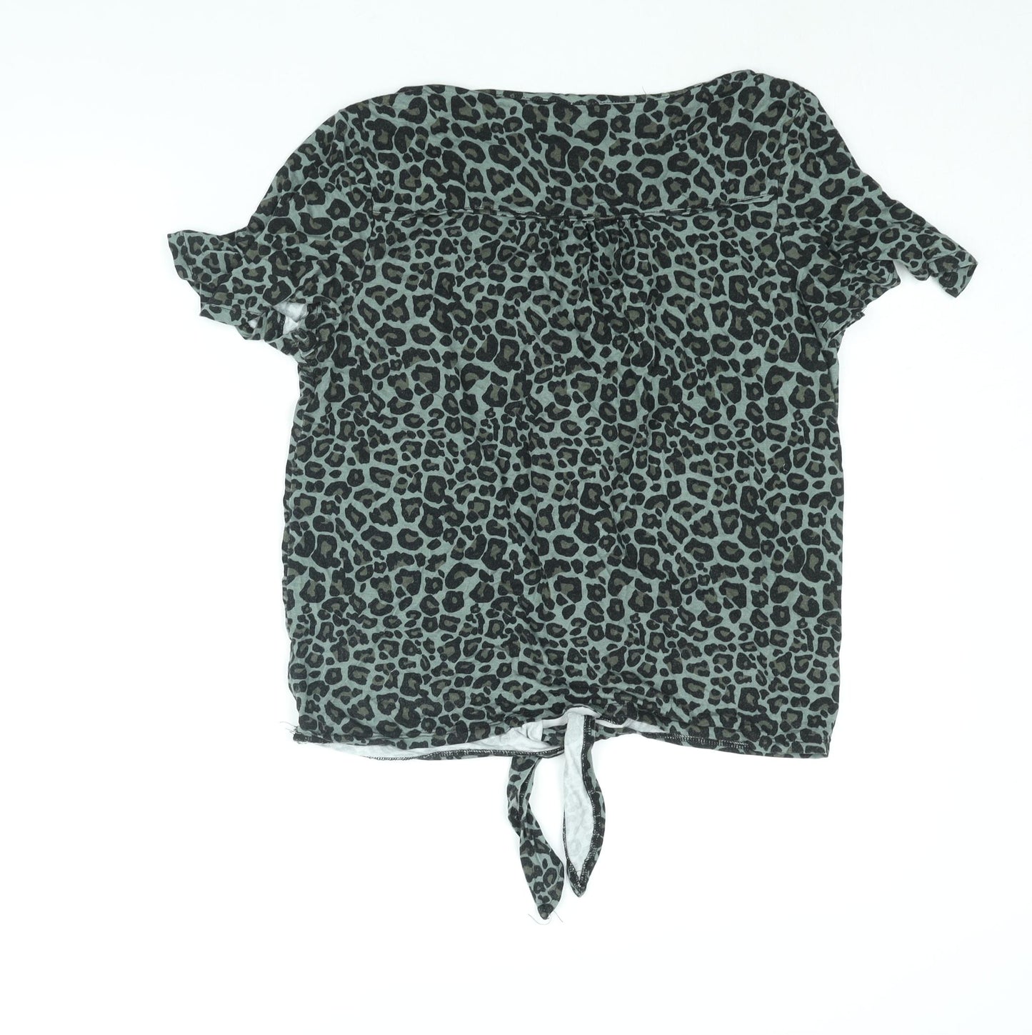 Oasis Womens Green Animal Print Viscose Basic Blouse Size S V-Neck - Tie Detail Leopard Print
