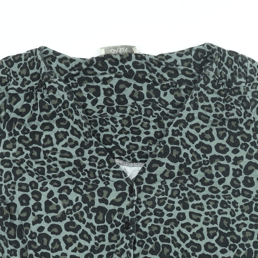 Oasis Womens Green Animal Print Viscose Basic Blouse Size S V-Neck - Tie Detail Leopard Print