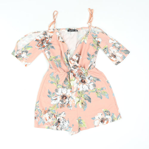 Boohoo Womens Pink Floral Polyester Playsuit One-Piece Size 12 Pullover - Cold Shoulder