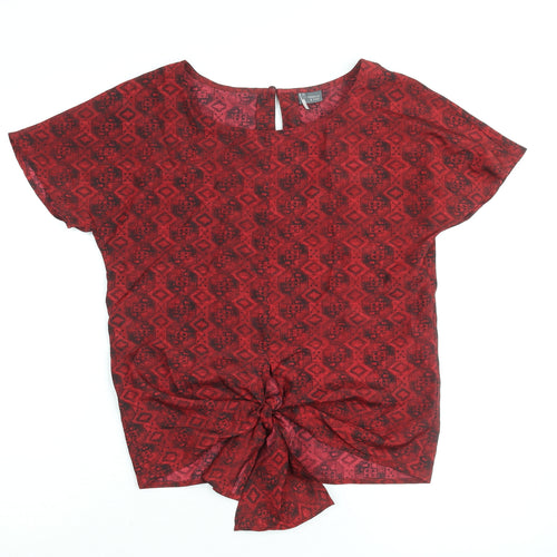 Sparkle & Fade Womens Red Geometric Polyester Basic Blouse Size XS Round Neck - Tie Detail