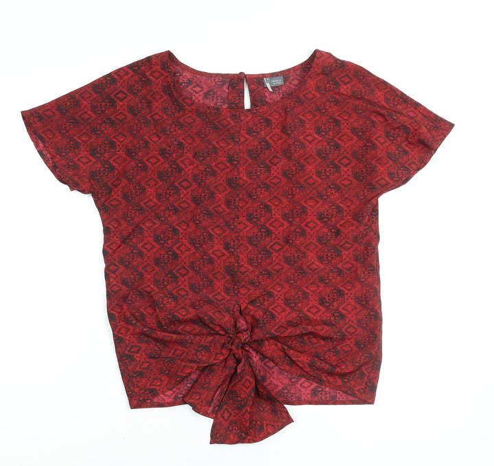 Sparkle & Fade Womens Red Geometric Polyester Basic Blouse Size XS Round Neck - Tie Detail