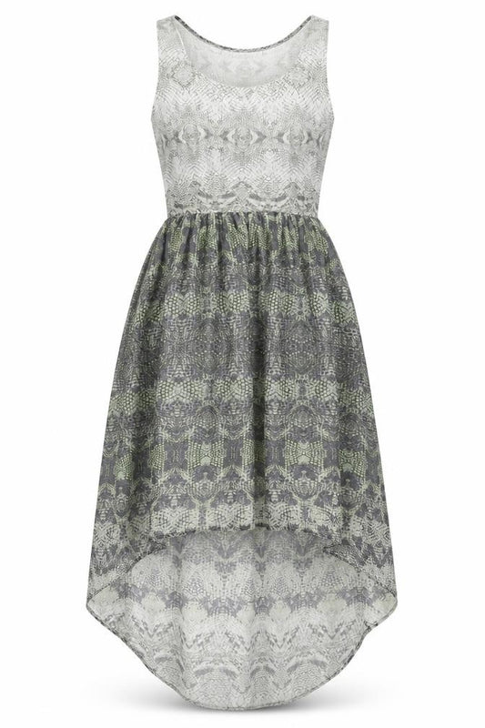 Front view of Warehouse women’s multicoloured animal print polyester a-line, size UK 8, scoop neck zip - snakeskin print