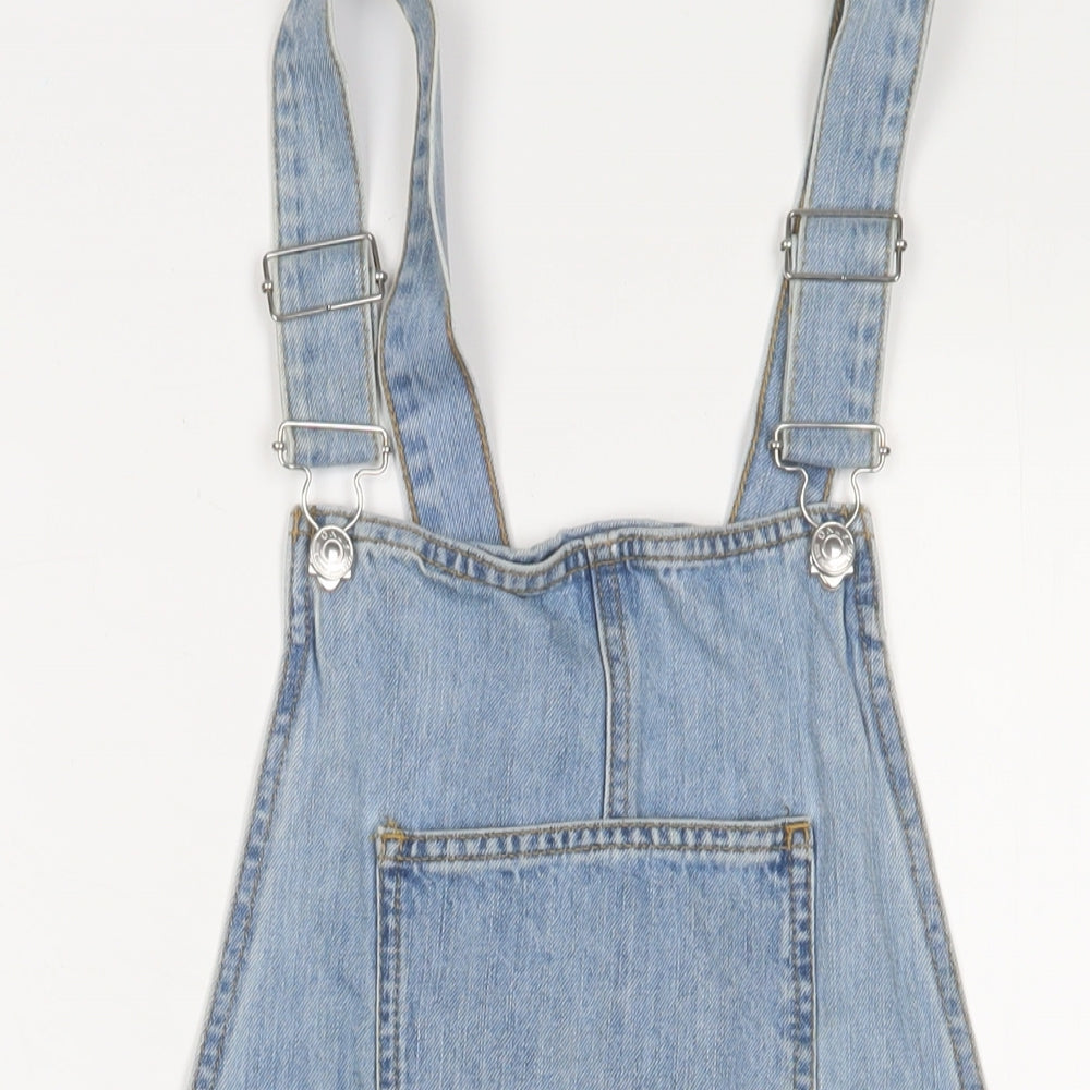 Only Womens Blue Cotton Pinafore/Dungaree Dress Size 10 Square Neck Button