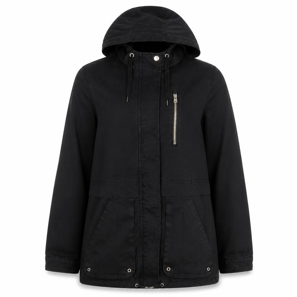 Front view of H&M women’s black jacket, size UK 8, zip