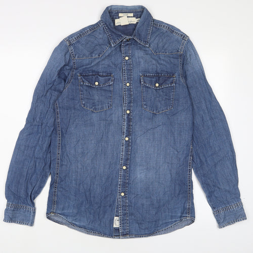 H&M Mens Blue Cotton Button-Up Size S Collared Snap
