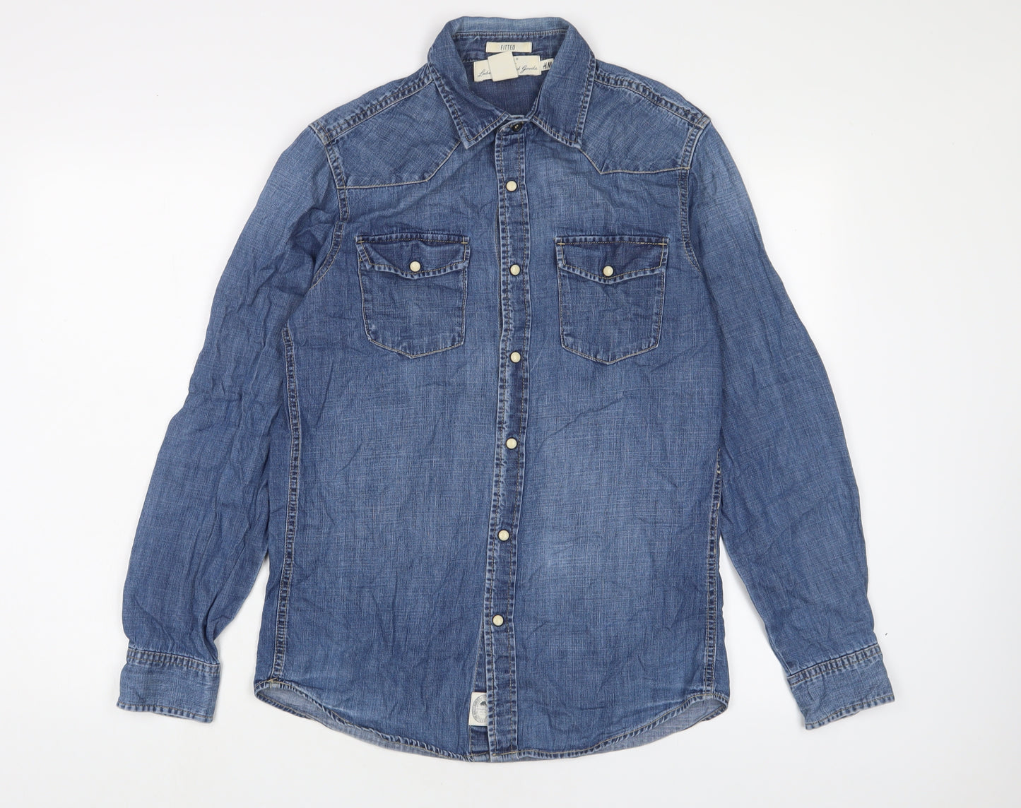 H&M Mens Blue Cotton Button-Up Size S Collared Snap