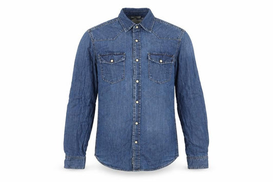 Front view of H&M men’s blue cotton button-up, size S, collared snap
