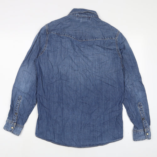 H&M Mens Blue Cotton Button-Up Size S Collared Snap