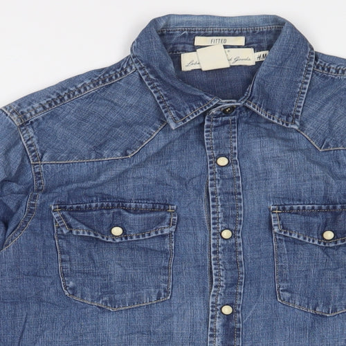 H&M Mens Blue Cotton Button-Up Size S Collared Snap