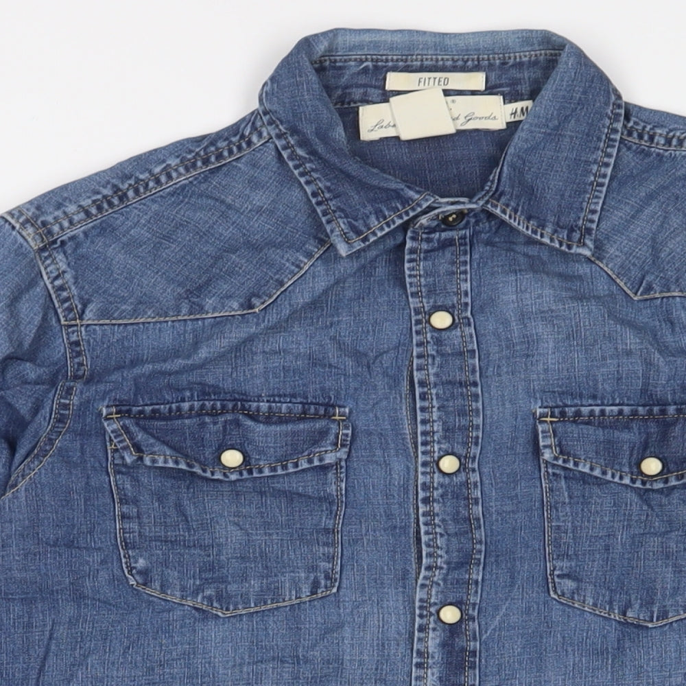 H&M Mens Blue Cotton Button-Up Size S Collared Snap