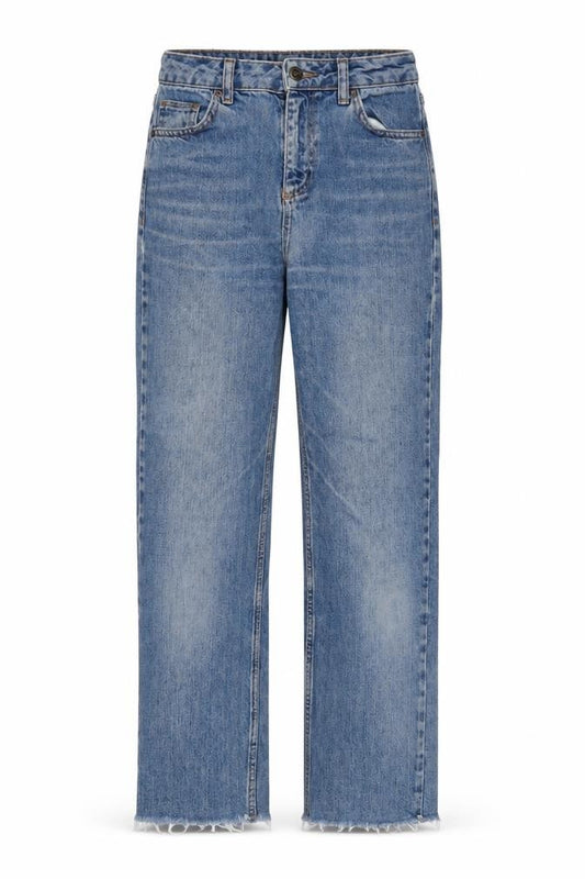 Front view of BDG women’s blue cotton straight jeans, size UK 26, in, 32-inch leg regular zip