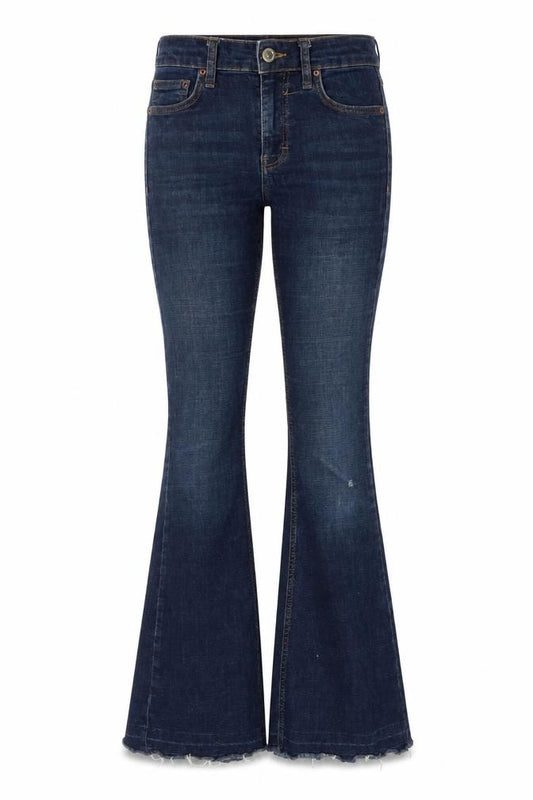 Front view of Topshop women’s blue cotton flared jeans, size UK 26, in, 30-inch leg regular zip
