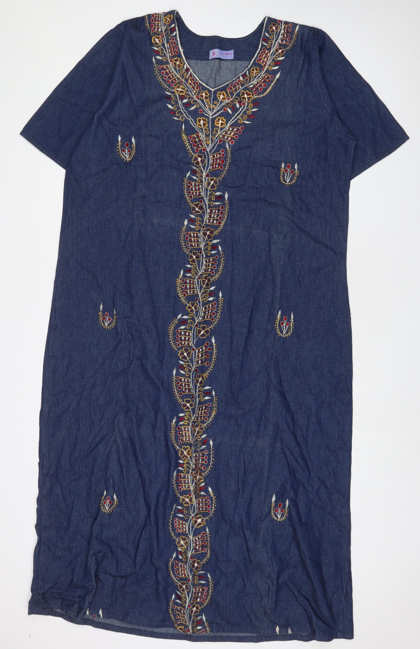 S-Mart Womens Blue Fair Isle Cotton A-Line Size L V-Neck Pullover - Embroidered