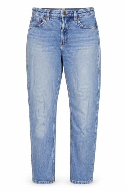 Front view of Monki women’s blue cotton straight jeans, size UK 26, in, 28-inch leg regular zip