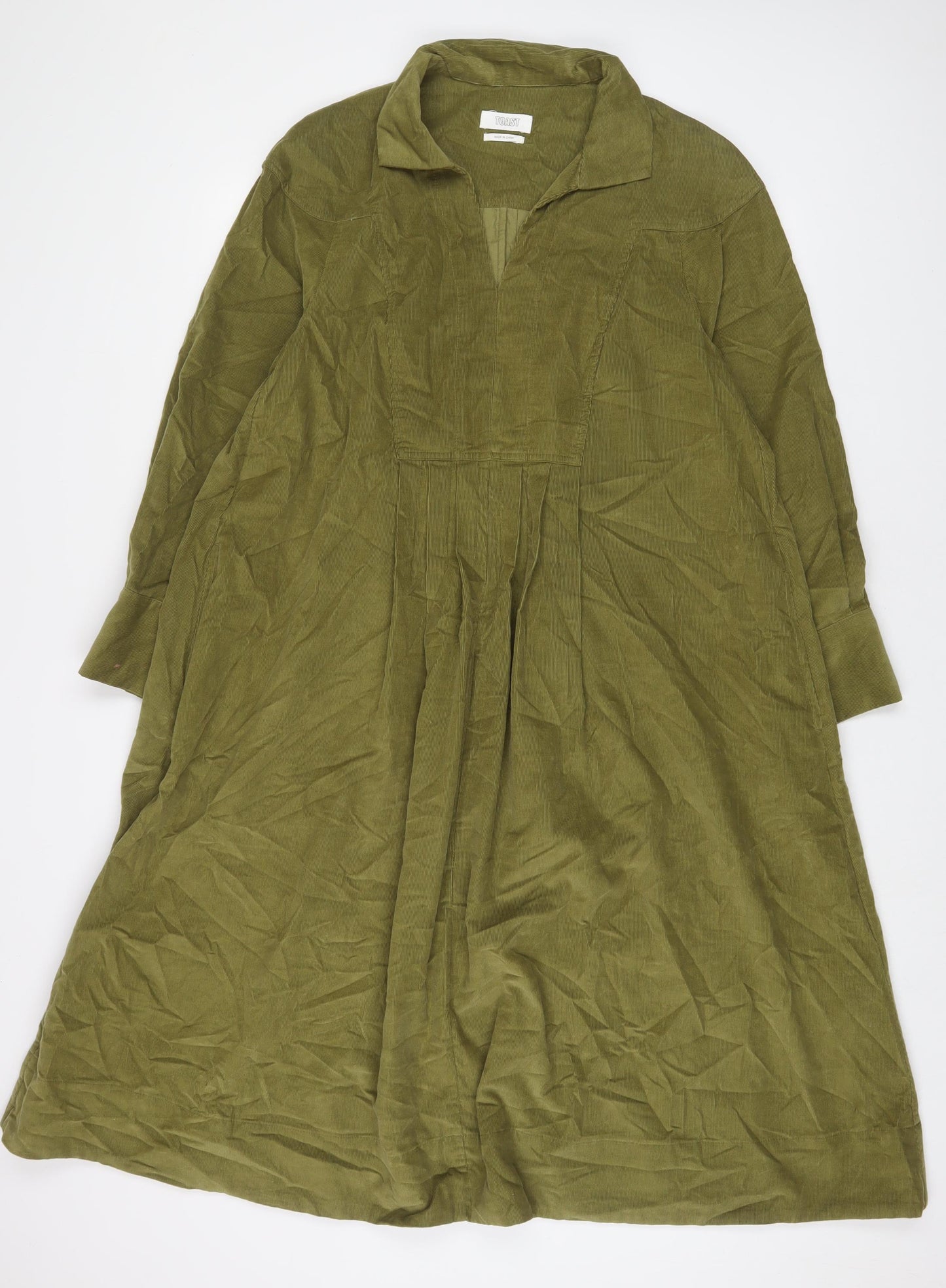 Toast Womens Green Cotton A-Line Size 12 V-Neck Pullover - Pleated
