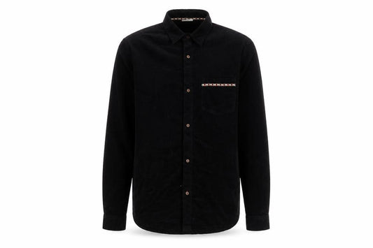 Front view of Chelsea Peers men’s black cotton button-up, size M, collared button - embroidered