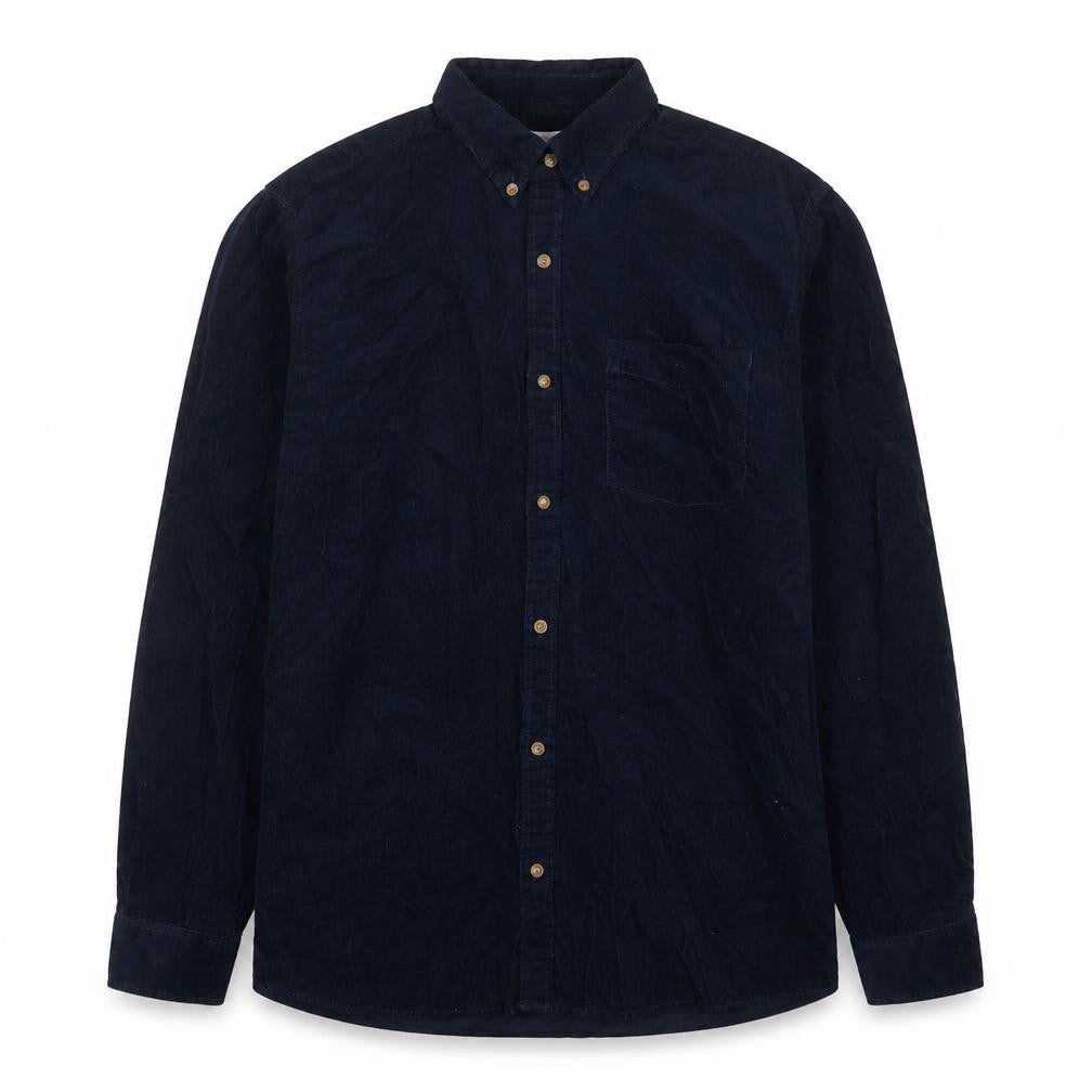 Front view of Next men’s blue cotton button-up, size L, collared button