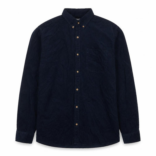 Front view of Next men’s blue cotton button-up, size L, collared button